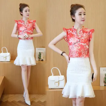 

2020 summer fashion suit dress lady Printed Chiffon Top + fish tail skirt with buttocks