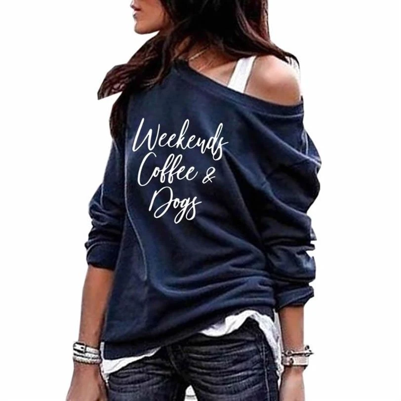 

For Women Coffee Dogs Letters Print Round Sweatshirts Women Cute Corduroy Funny Clothings Cropped Neck Shoulder Hoodies Tops