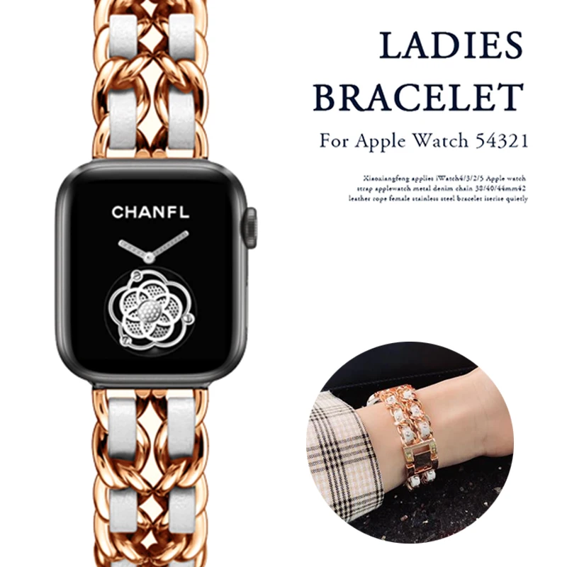 

Band for Apple Watch 5 4 40mm 44mm Watchband Stainless Steel Chain With Leather Bracelet Strap for iwatch Series 3 2 38mm 42mm
