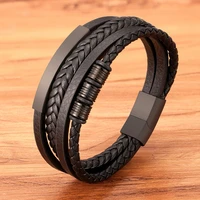 New Stainless Steel Black Multilayer Genuine Leather Bracelet For Men Magnetic Clasp Button Vintage Male Braid Bangle Jewelry 1