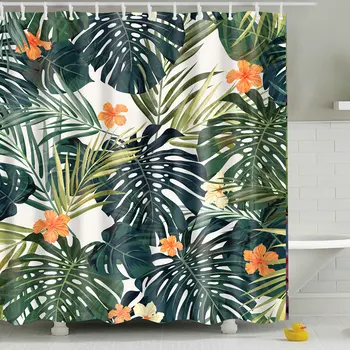 

Green Tropical Plants Shower Curtain For Bathroom Shower Waterproof Polyester Curtain Leaves Printing Curtains With 12 Hooks