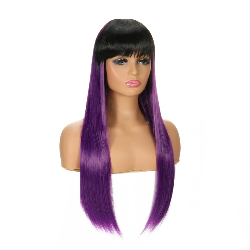 Long Straight Cosplay Wigs With Bangs Half Black Half Purple Wig Split Costume Halloween Party Synthetic Wigs For Women Girls Synthetic None Lace Wigs Aliexpress