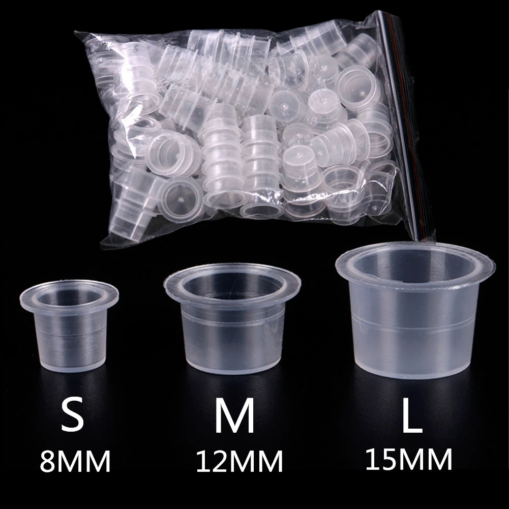 Tazas de tinta desechables de plástico para tatuaje, pigmento de maquillaje permanente, soporte claro tapa de recipiente, accesorio de tatuaje, 100 unidades, S/M/L