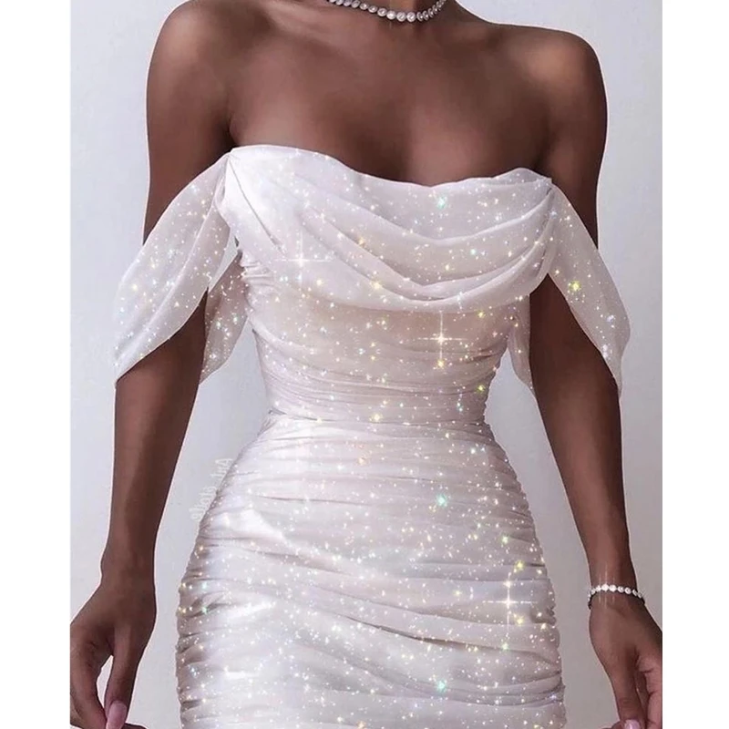 

Off Shoulder Pleated White bodycon Dress Women Strapless Backless Shinny Dress Elegant Sexy Party Dresses Clothes