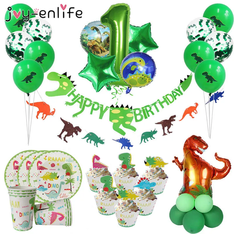 Dinosaurio suministros temáticos para fiestas para niños chicos cumpleaños decoración placas tazas Roaring Dino fiesta soporte para globos decoración de ducha de bebé
