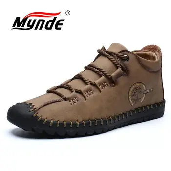 

Brand Leather Men's Boots Autumn Lace-up Flats Handmade Medium-top Shoes Outdoor Breathable Ankle Boots Non-slip Casual Shoes