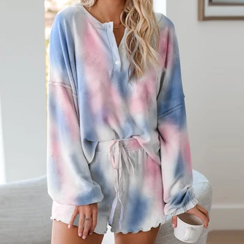 

Home Summer Tie Dye Print Women Pajamas Set Sleepwear Shorts Casual Loungewear Ladies Fashion Soft Long Sleeve Tops Night V Neck