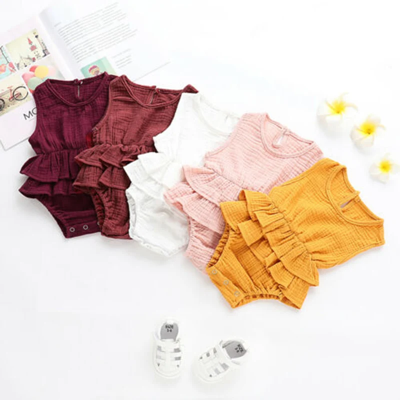 Newborn Baby Girl Princess Rompers Summer Solid Ruffles Sleeveless Cotton Linen Jumpsuit Sunsuit Baby Summer Clothing 0-24M