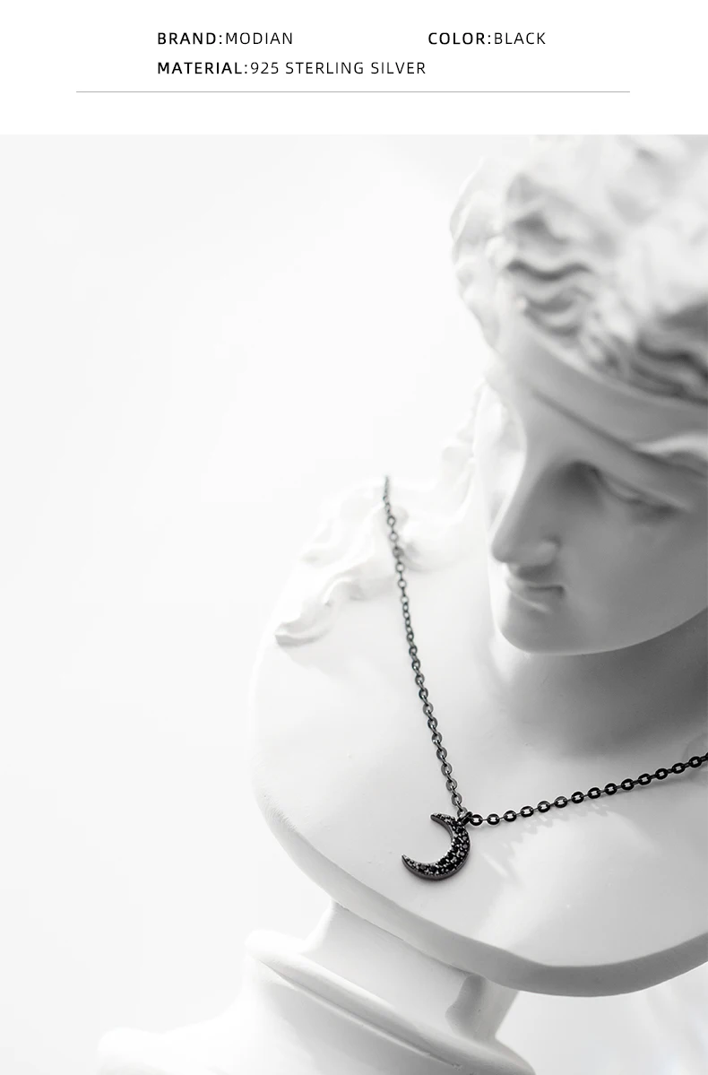 Vendite calde MODIAN Collana con ciondolo a forma di luna con zircone nero minimalista in argento Sterling con catena corta regolabile per donna Gioielli raffinati_voghion.com