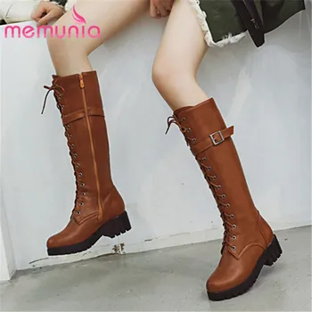 

MEMUNIA 2020 new arrival women knee high boots round toe buckle square heels platform shoes autumn Motorcycle Boots woman