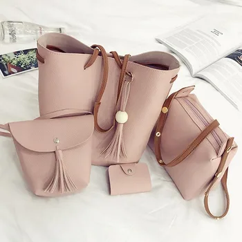 

4pcs/Set Fashion Women Composite Bag Tassel Pure Leather Shoulder Bag Ladies Clutch Handbags Set Large Tote Female Shopping Bags