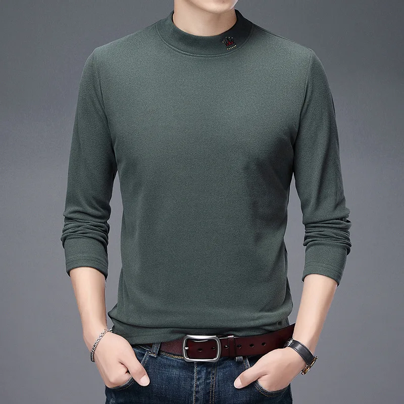 2021 autumn winter new men's mock neck embroidery fashion solid color thickened fleece pullover Male slim warm bottoming shirt