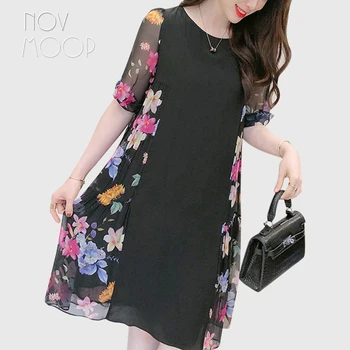 

Novmoop 2020 100% natural silk floral printed patchwork dress for summer holidays Vestido de seda LT3181