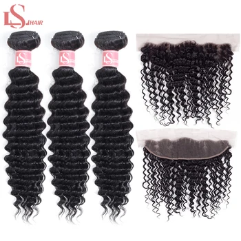 

LS Hair deep wave indian hair 3/4 bundles with lace frontal 13x4 pre-plucked remy human hair extension 8-26inch