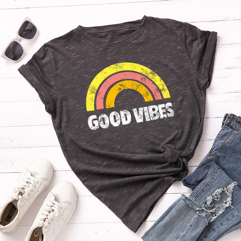 Женская футболка с принтом Good Vibes летняя свободная из 100% хлопка радужной графикой