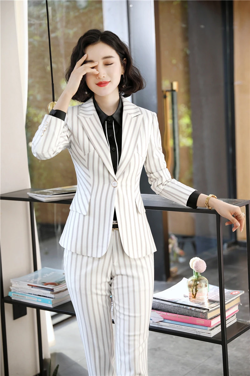 

Novelty White Uniform Designs Pantsuits for Women Business Work Wear Formal Professional with Pants and Jackets Coat Blazers Set