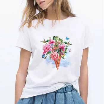 

Lus Los Beautiful flowers, printed T-shirt Simple and elegant retro girl Simple pen landscape shirt woman clothing in Summer