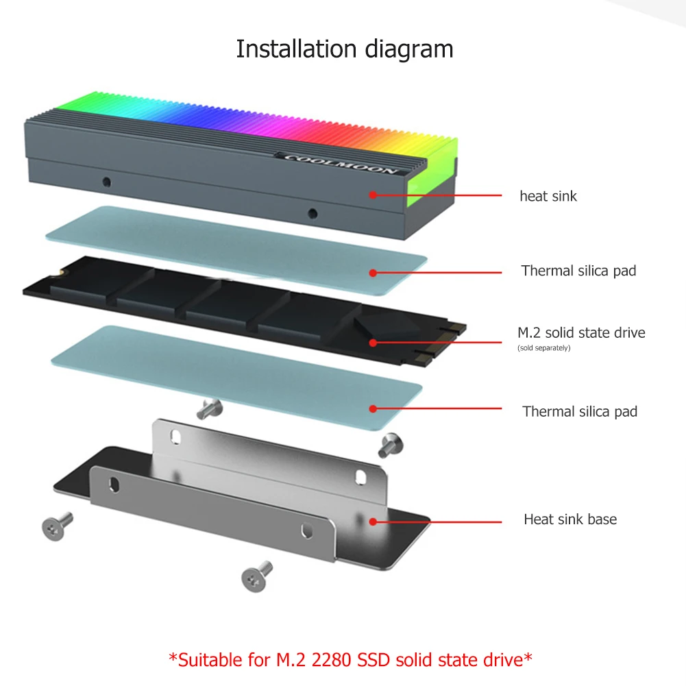 CoolMoon M2 SSD Heatsink with ARGB 5V 3Pin - NVME NGFF M.2 2280 Cooling Radiator Cooler Vest and Thermal Pad Description Image.This Product Can Be Found With The Tag Names Computer Cables Connecting, Computer Peripherals, PC Hardware Cables Adapters, Ssd heatsink