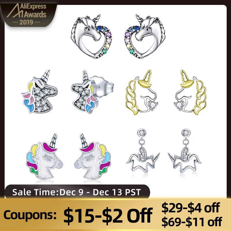 

WOSTU 100% 925 Sterling Silver Licorne Unicorn Stud Earrings Multi-Color Wedding Earrings For Women Fashion Silver 925 Jewelry