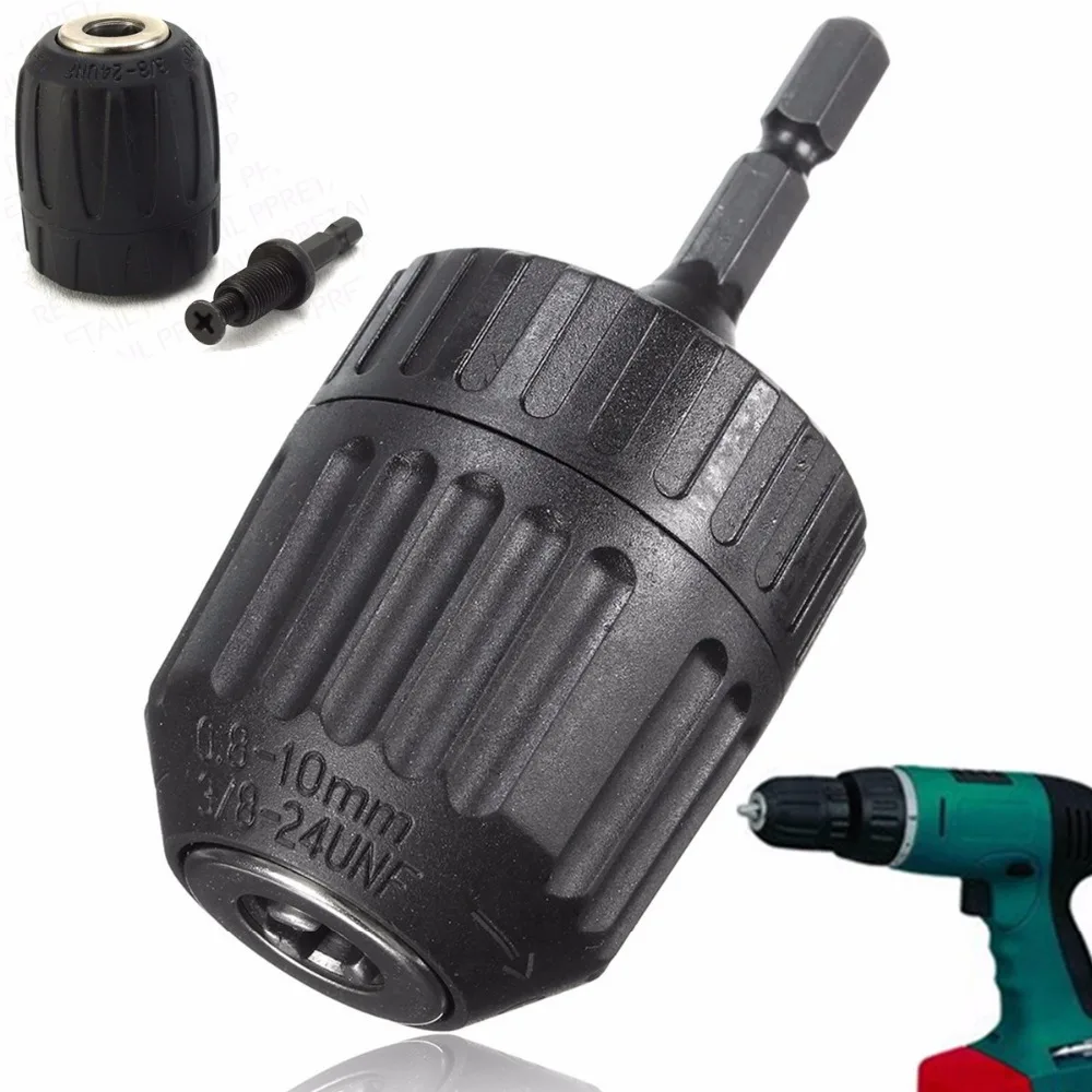 

1PC 0.8-10mm Keyless Mini Drill Chuck Adaptor Converter 3/8" 24UNF + 1/4" Hex Shank SDS Power Tool Accessories