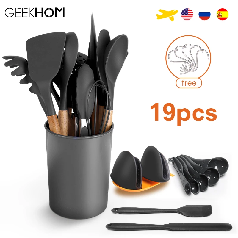 

GEEKHOM 19PCS Silicone Kitchen Cooking Utensil Set with Holder Kitchen Utensils Spatula Set Wooden Handle Nonstick Cookware Tool