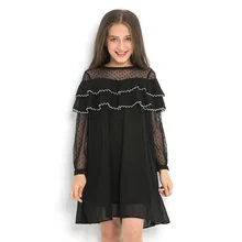 Платье принцессы для девочек весенние черные шифоновые платья свободные кружевные Детские платья для подростков 10 11 12 13 14