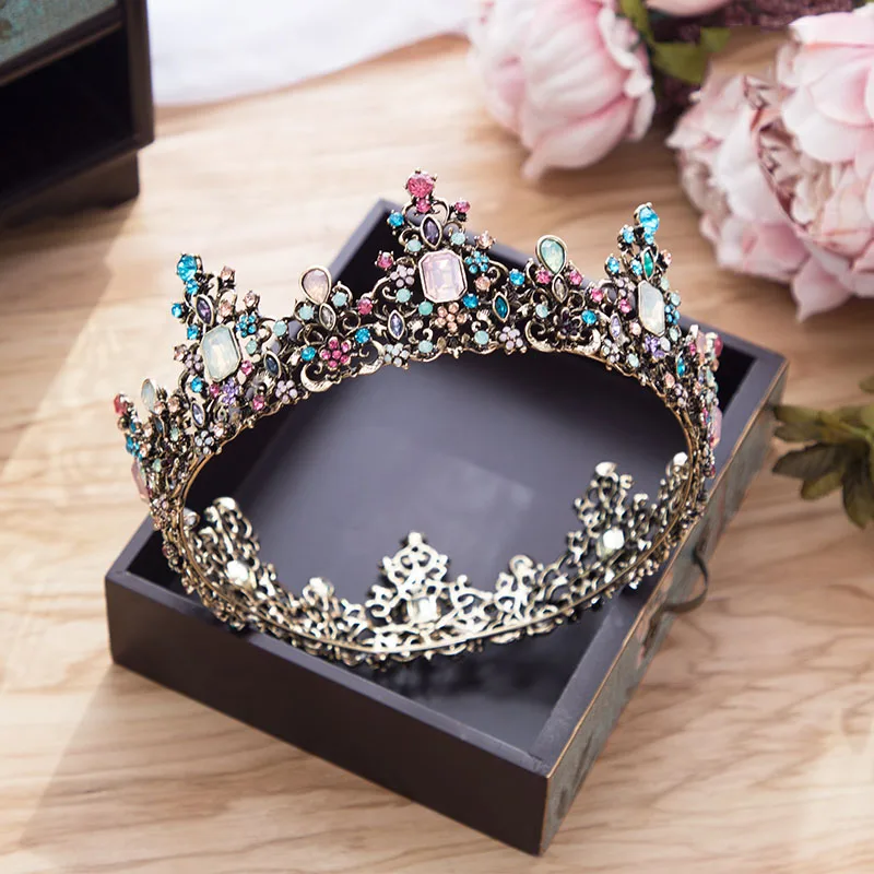 Барокко королева невесты диадема Синий Розовый кристалл круглые тиары и короны девушки выпускного вечера свадебные украшения для волос вечернее платье подарки