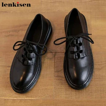 

Lenkisen fashion genuine leather basic casual shoes cozy round toe med heels lace up daily wear women breathable solid pumps L01