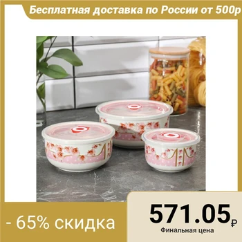 

Set of salad bowls with vacuum lids "Flowers and peas", 3 pcs: 350 ml, 600 ml, 1 l