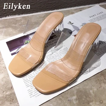 

EilyKen Summer Woman Crystal Low Heels 7cm Slippers Transparent PVC Peep Toe Flip Flop Sandals Sexy Slide Club Dance Shoes