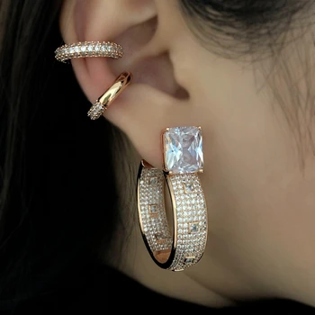 

Luxury Rose Gold Big Hoop Earrings For Women Full Cubic Zircon Crystal Circle Ear Cuff Clip Earring Sets Wedding Fashion Jewelry