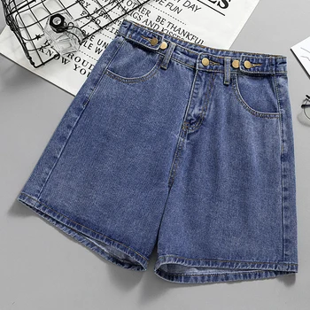 

Boyfriend Jeans For Women High Waist Summer Plus Size Female Button Softener Shorts Blue Wide Leg Pants 4xl