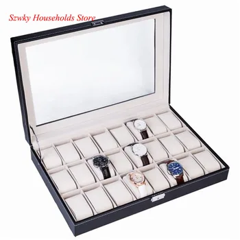 

Watch Storage Box 24 Compartments Top-level Opening Style Leather Watch Collection Box Black