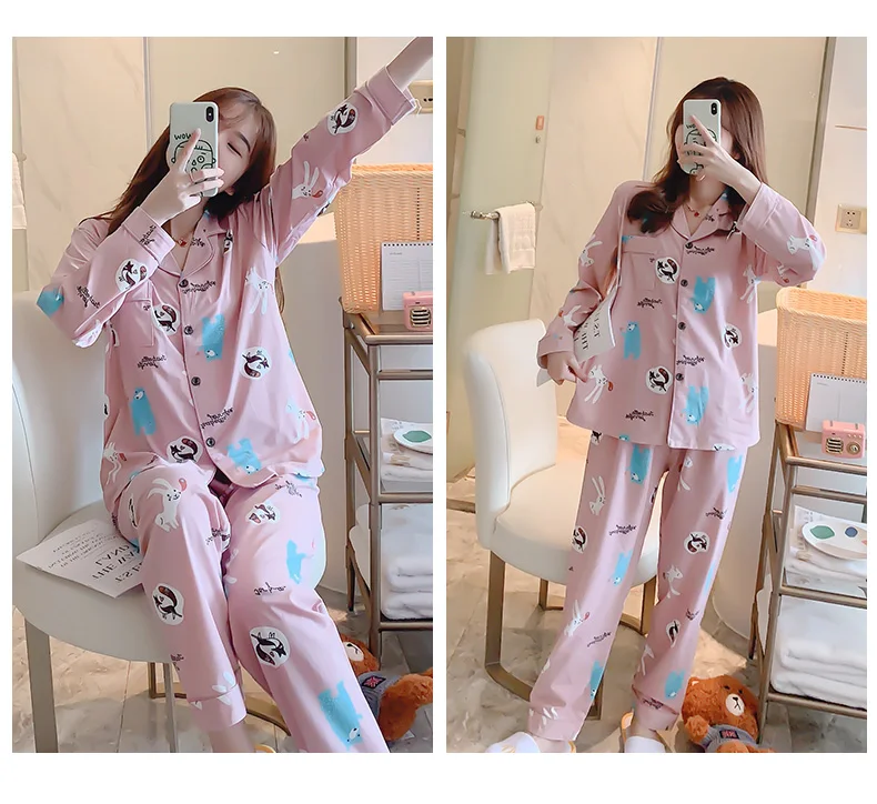 CAIYIER Autumn Winter New Sleepwear Set Women Turn-down Collar Pajamas Cute Cartoon Pattern Button Top+Pants Leisure Home Wear