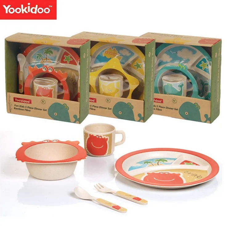 

Yookidoo Children Bamboo Fiber Tableware Oceans Animal Bowls And Chopsticks Spoon Food Supplement Set Infants Feeding Tableware