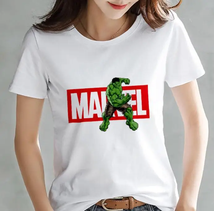 Модная футболка Marvel Мстители, женская футболка с принтом Harajuku, тонкая футболка с коротким рукавом