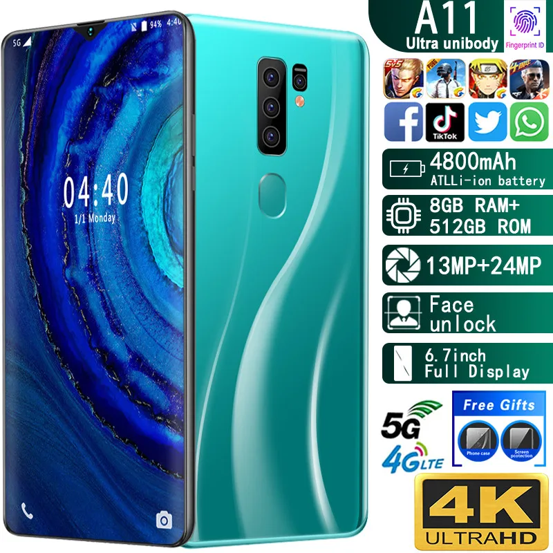 Mobile phone A11 Unlocked cell phones MTK6799 Cell phones Deca core 6.7inch cellphone 1440*3040 Smartphone 8GB+512GB 13MP+24MP