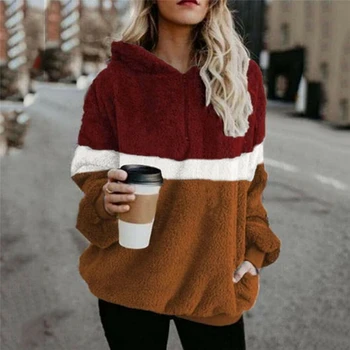 

2019 Winter Fluffy Sweater Sherpa Fleece Plaid Hooded Pullovers Cute Patchwork Warm Tops Women Fall Casual Fluffy Sweaters Coat