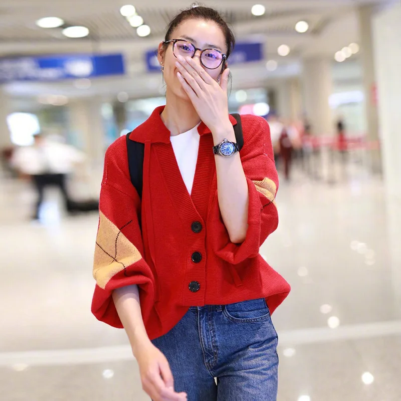 

Red Knitted Women's Autumn New Lazy Wind Loose Hundred Sweater Autumn 2019 Turn-down Collar Women Sweater