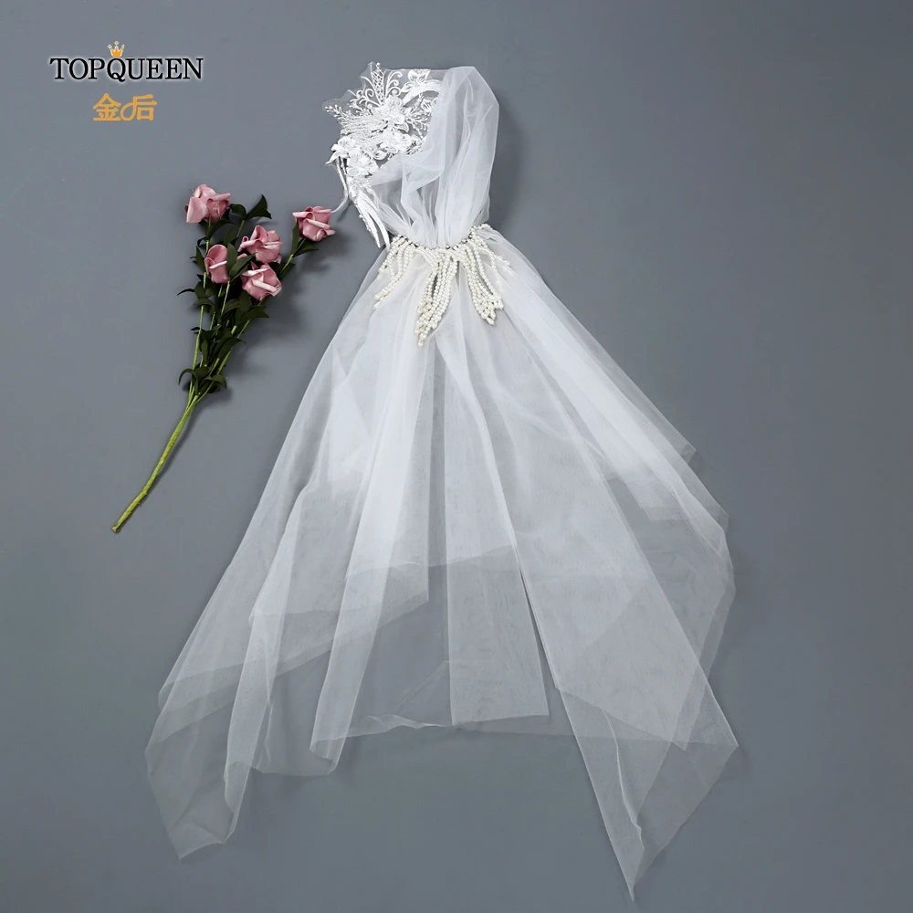 

TOPQUEEN VS16 In Stock Two Layers Ribbon Edge Wedding Veil With Pearls White Ivory Short 2 Layers Bridal Veil bride accessories