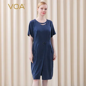 

VOA solid color silk hollow round collar wide fat short-sleeved straight barrel natural waist hem open fork jump skirt AJ176