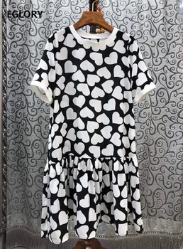 

New Korean Fashion Style Dress High Quality Ladies O-Neck Sweetheart Print Ruffle Patchwork Short Sleeve Casual Basic Dress XL