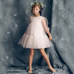 Gorgeous Pale Pink Short Girls Pageant New Year Party Dresses Birthday Celebration Dress Flower Girl Dresses with Sleeves