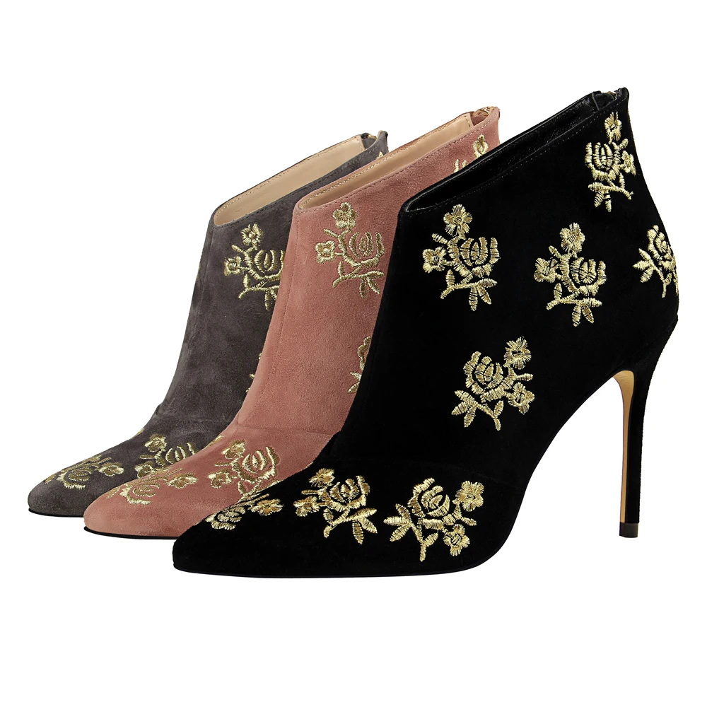 

Fashion Embroider Floral Ankle Boots Women Autumn Flock Pointed Toe Thin Heels Short Boots Lady Back Zip 10CM High Heels Booties
