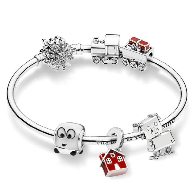 

100% 925 Sterling Silver Winter Bracelet Set Christmas Train Heart Melter Murano Glass Charm Robot dog Charm COSY HOUSE