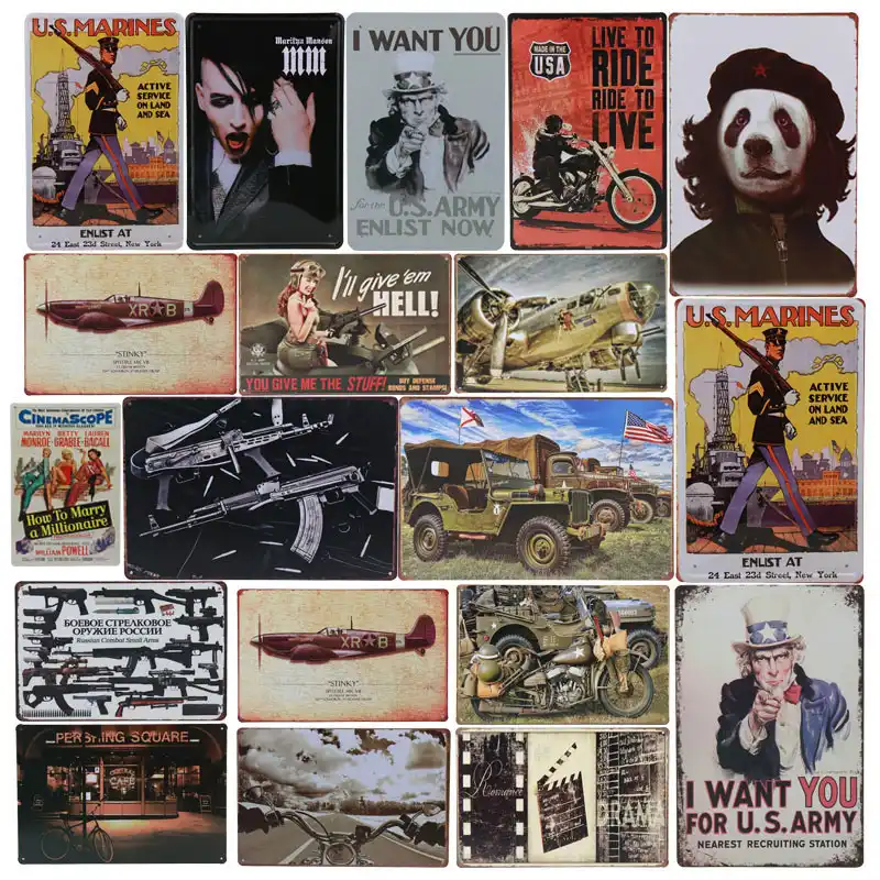 Vintage Military Car Tin Signs Metal Plate Poster Style Tintin Bar