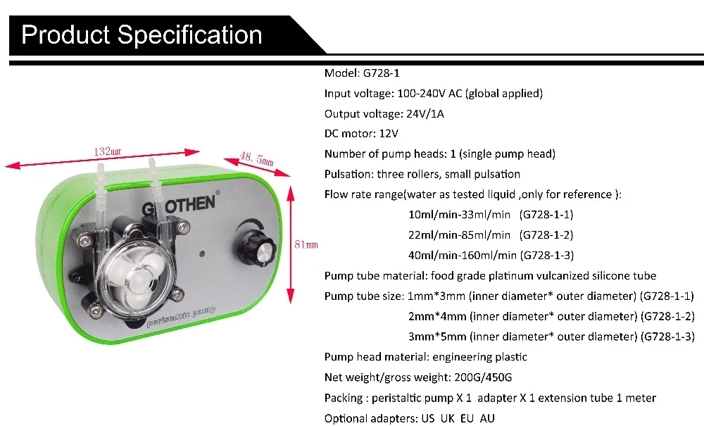 Регулируемый перистальтический насос объем регулируемый, высокая точность, небольшой перистальтический насос, насос для перекачки жидкостей GROTHEN 10 мл/мин. до 160 мл/мин