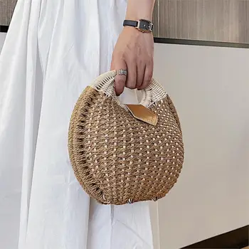 

Elegant Female Round Tote bag 2020 Summer New High quality Straw Women's Designer Handbag Travel Clutch bag Female Banquet bag