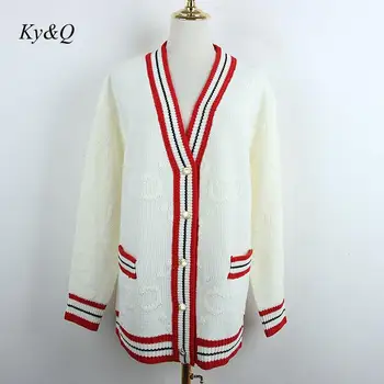 

Brand Designer Winter Women Christmas Sweater Flower Hollow Thick Needle Double Pocket Long V-neck Cardigan Outwear 2019 Clothes