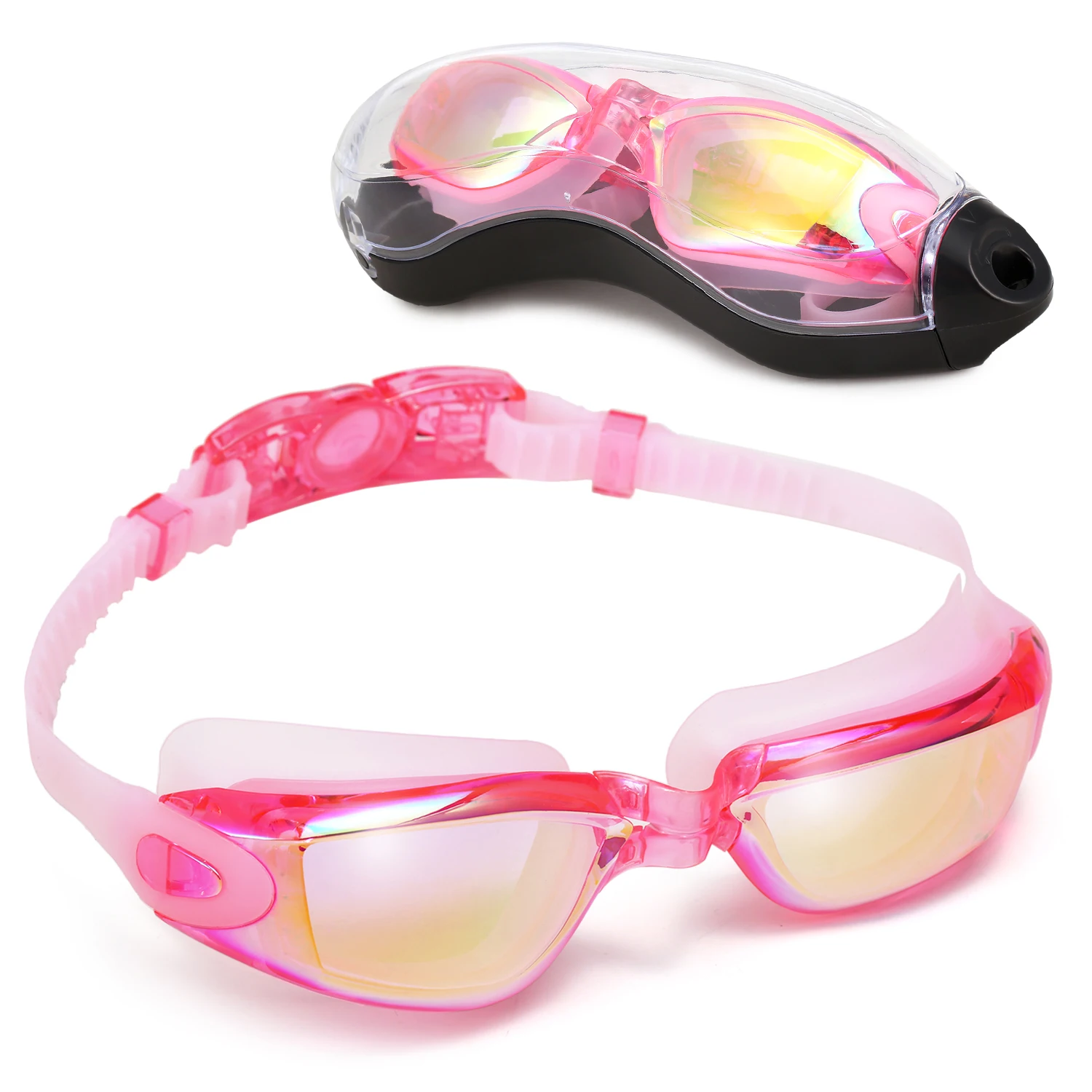 Мужские и женские очки для плавания, анти-туман, защита от ультрафиолета, очки для плавания с защитным чехлом - Цвет: Pink